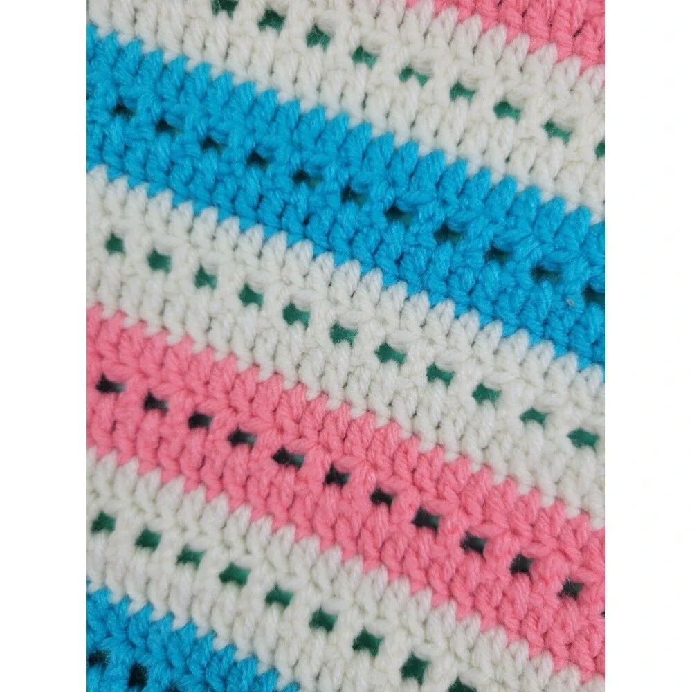 Hand Knitted Lap Blanket Pastel Pink White & Blue Approx: 50